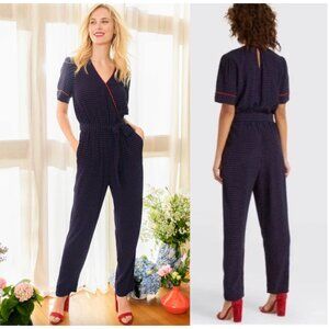 Draper James Navy Red Floral Print Short Sleeve Surplice V Neck Jumpsuit size M